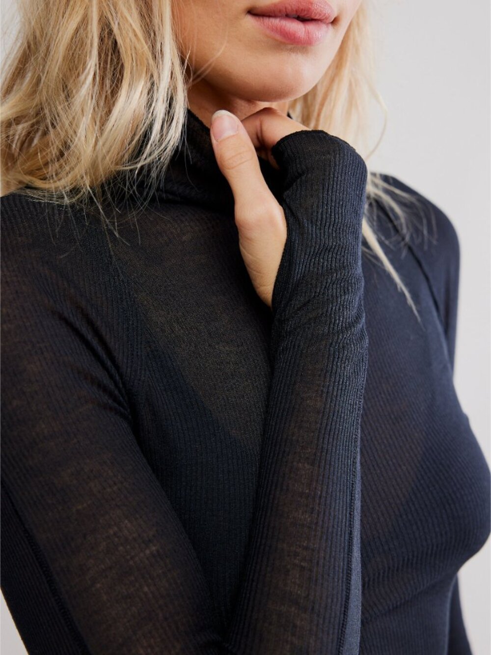 Free People Black Sheer Ribbed Long Sleeve Mock Neck Top - Picture 2 of 6